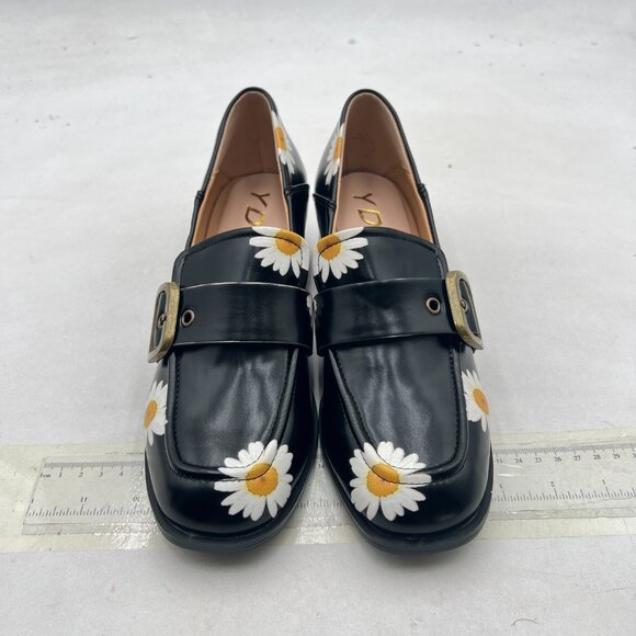 YDN Black Daisy Square Toe Loafers Slip on Block Low Heel Pumps Buckle Shoes - Picture 3 of 8